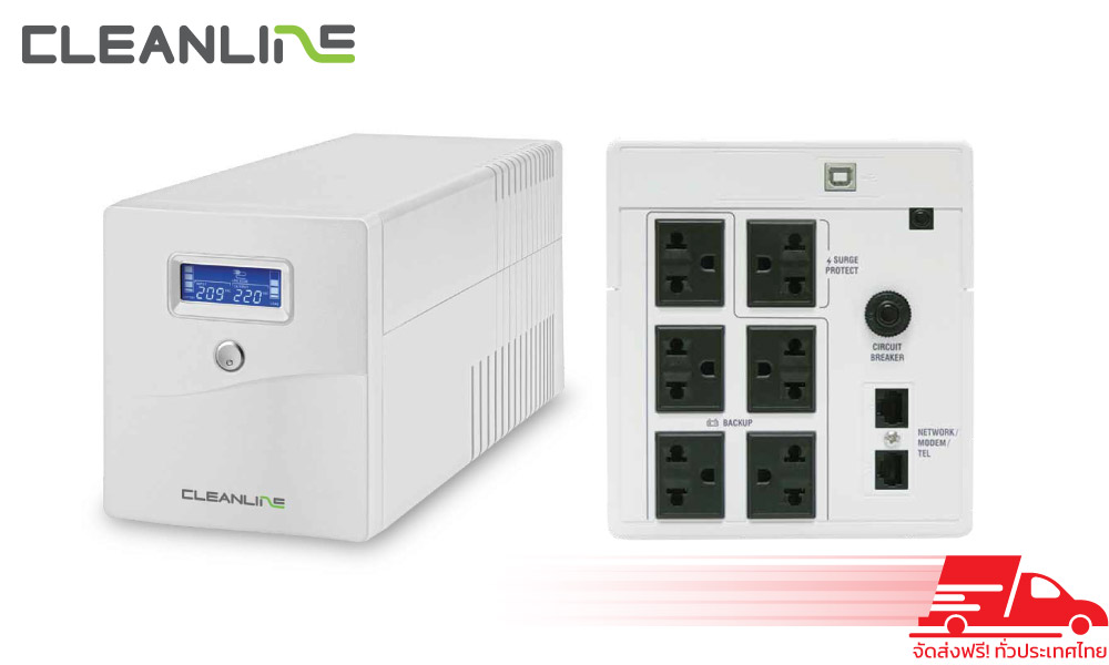 เครื่องสำรองไฟ CLEANLINE D-1150J 1150VA 630W Line Interactive UPS With Stabilizer สีขาว จอ LCD สำหรับคอมพิวเตอร์และอุปกรณ์ต่อพ่วง