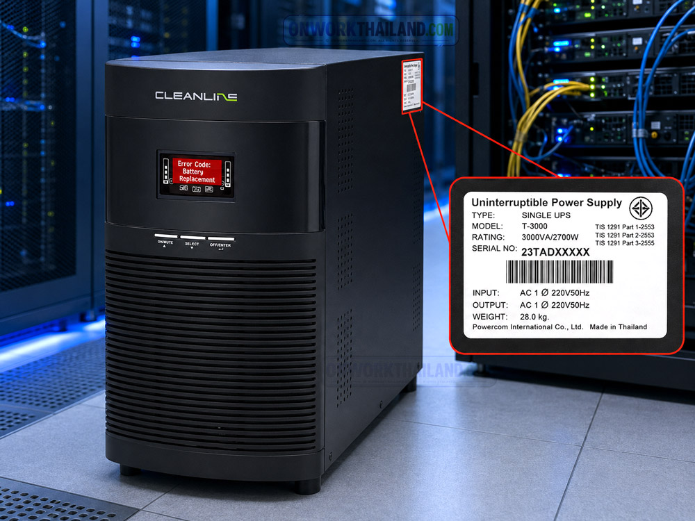 ตัวอย่างป้ายเนมเพลทเครื่อง CLEANLINE T-3000 สำหรับตรวจสอบรุ่นสินค้าและ Serial No. ก่อนแจ้งซ่อม UPS