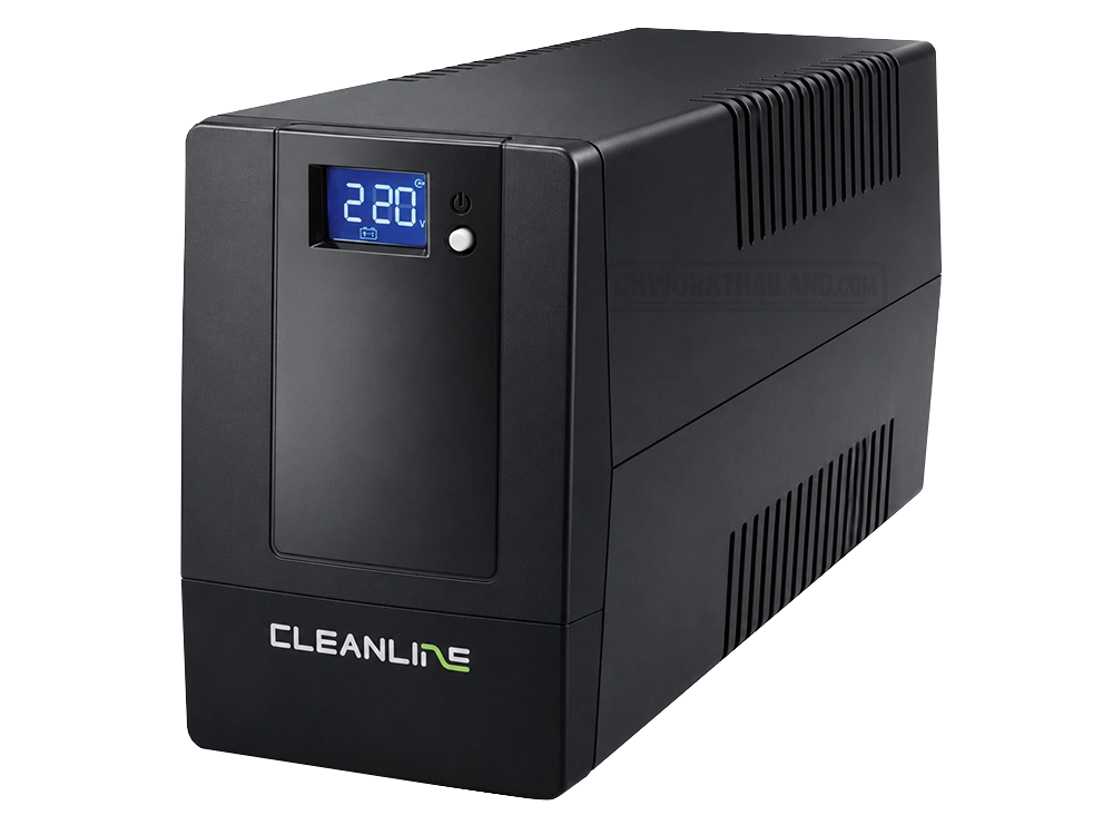 เครื่องสำรองไฟ CLEANLINE UPS CL Series สีดำ ด้านหน้า พร้อมหน้าจอแสดงผลและโลโก้ CLEANLINE