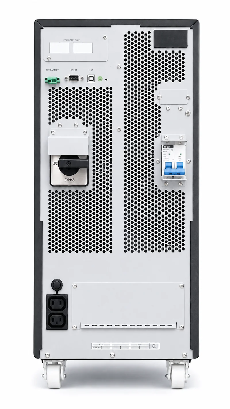 แผงด้านหลัง CLEANLINE T-Series 6-10kVA UPS รุ่น T-6000 และ T-10K แสดงพอร์ตสื่อสาร เบรกเกอร์ Bypass และ Terminal