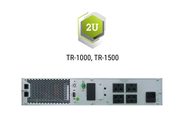 ด้านหลังเครื่องสำรองไฟฟ้า CLEANLINE TR-1000 และ TR-1500 True On-Line Rack-mount พร้อมช่องเชื่อมต่อ