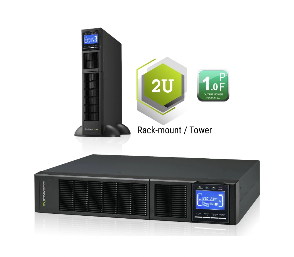 เครื่องสำรองไฟฟ้า Cleanline TR-6000 และ TR-10K UPS แบบ Rack-mount 2U, True On-Line Double Conversion, แสดงด้านหน้าพร้อมหน้าจอ LCD