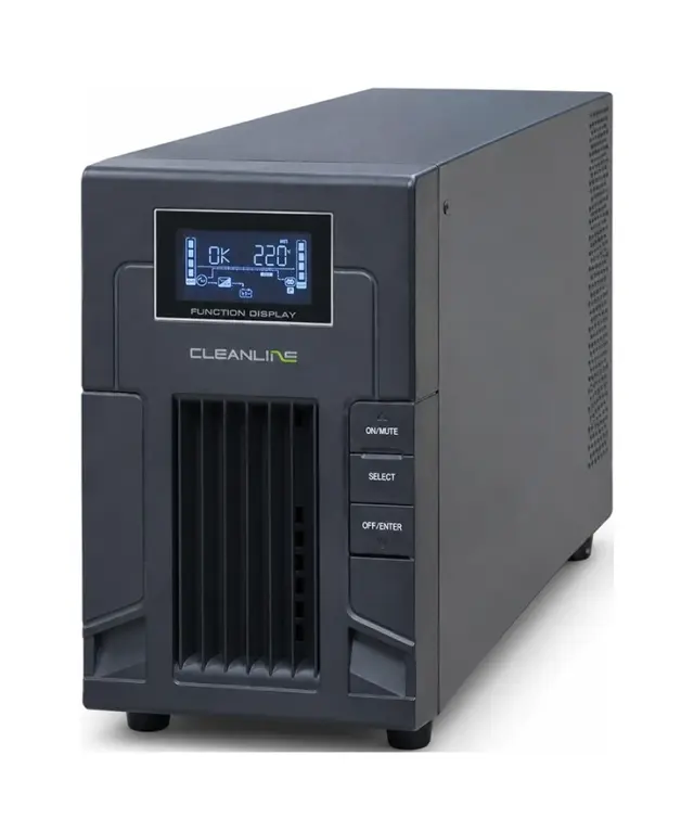 CLEANLINE UPS PS-2000 มุมด้านหน้า พร้อมหน้าจอ LCD และช่องระบายอากาศ