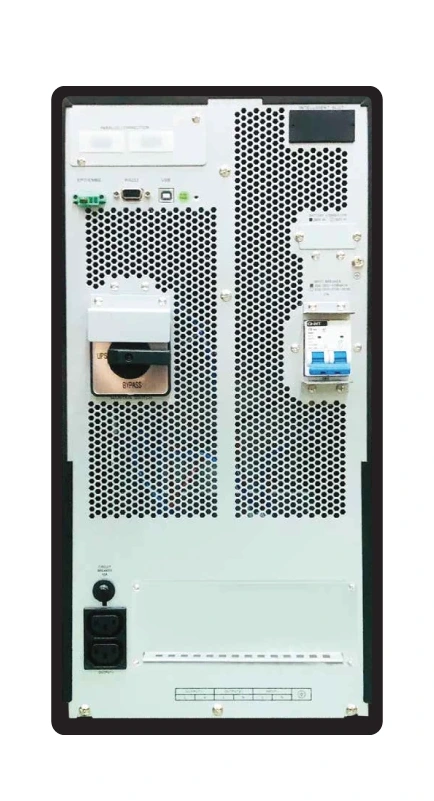 Cleanline T-Series PF1.0 True On-Line UPS Tower รุ่น T-6000 และ T-10K ด้านหลัง พร้อมพอร์ต USB RS-232 และ Maintenance Bypass Switch